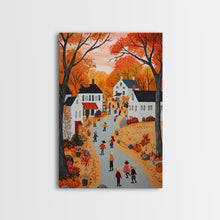 Carregar imagem no visualizador da galeria, Autumn Village Scene Framed Canvas Print Tall Art With Fall Leaves And Pumpkins, Cozy Wall Art For Seasonal Farmhouse Decor