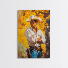 Load image into Gallery viewer, Cowboy with Autumn Foliage Canvas Print, Vibrant Fall Decor, Perfect Fall Wall Art, Seasonal Home Decor, Western Art, Framed Canvas Print