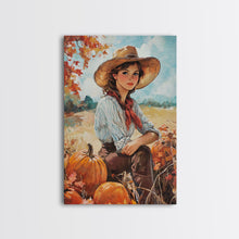 Load image into Gallery viewer, Country fall harvest framed canvas print pumpkins and a serene autumn landscape perfect seasonal wall art for rustic farmhouse home decor