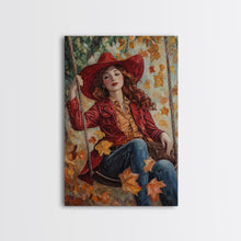 Carregar imagem no visualizador da galeria, Fall Cowgirl Enjoying Her Swing, Framed Canvas Print, Autumn Decor, Cute Wall Art Gift Idea