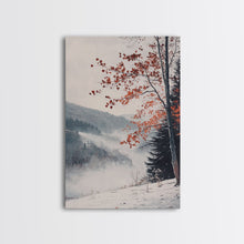 Carregar imagem no visualizador da galeria, Canvas Print of Snowy Mountain Trees Red Leaves, Winter Wonderland Wall Art, Best Gift Idea, Moody Landscape, Rustic Christmas Decor