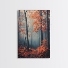 Carregar imagem no visualizador da galeria, Framed Canvas Print of Misty Autumn Forest with Vibrant Red Leaves, Seasonal Wall Art, Modern Farmhouse, Gift Idea, Fall Landscape Art