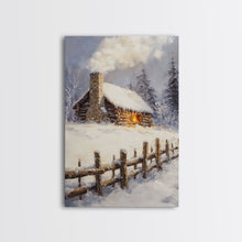 Load image into Gallery viewer, Rustic Cabin In Snow Framed Canvas Print Wall Art Christmas Home Decor, Winter Landscape Art, Cozy Winter Cabin Scene