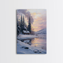 Carregar imagem no visualizador da galeria, Cabin In Snowy Forest Framed Canvas Print Wall Art Winter Landscape Decor, Cozy Christmas Art Gift, Rustic Winter Wonderland Art