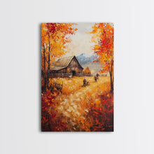 Carregar imagem no visualizador da galeria, Autumn Barnyard Framed Canvas Print, Vibrant Fall Landscape Cowboy and Barn, Perfect Rustic Wall Art Farmhouse or Ranch Style Fall Decor