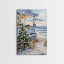 Cargar imagen en el visor de la galería, Coastal Christmas Tree Framed Canvas Print, Festive Holiday Decor Tree Beach and Ocean View, Nautical Wall Art Tropical Christmas Decor