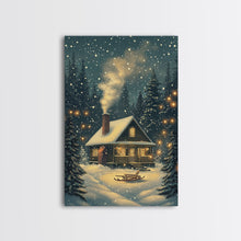 Load image into Gallery viewer, Cozy Cabin in Snowy Winter Forest, Warm Christmas Lights and Peaceful Holiday Scene, Perfect for Winter Wall Art, Framed Canvas Print