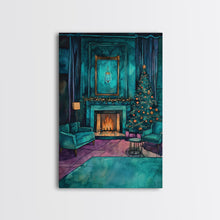 Load image into Gallery viewer, Cozy living room with Christmas tree and fireplace, Framed Canvas Print, Christmas wall art, perfect modern farmhouse holiday decor