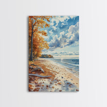 Carregar imagem no visualizador da galeria, Autumn beach landscape with vibrant fall leaves and coastal breeze Framed Canvas Print perfect fall wall art for seasonal farmhouse decor