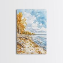 Load image into Gallery viewer, Autumn beach scene with golden trees and calm shoreline Framed Canvas Print, fall landscape art perfect autumn wall decor for rustic homes
