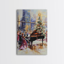 Load image into Gallery viewer, Elegant Christmas party with grand piano and city skyline view Framed Canvas Print, classy holiday wall art perfect seasonal decor idea
