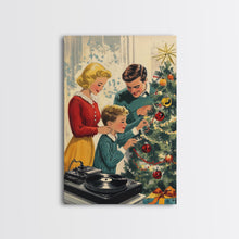 Carregar imagem no visualizador da galeria, Mid-Century Family Christmas Celebration with Turntable and Christmas Tree, Retro Holiday Wall Art, Framed Canvas Print