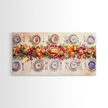 Load image into Gallery viewer, Festive Thanksgiving dinner table setting with colorful centerpiece, framed canvas print perfect autumn holiday decor wall art