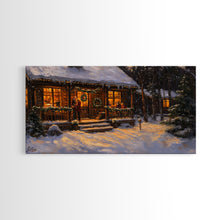 Carregar imagem no visualizador da galeria, Festive Log Cabin Winter Scene Framed Canvas Print Christmas Wall Art, Rustic Holiday Art, Cozy Christmas Scene, Seasonal Wall Decor Gift