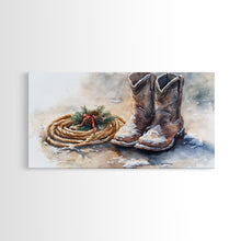 Carregar imagem no visualizador da galeria, Framed Canvas Print Cowboy Boots and Rope with Pinecones, Rustic Winter Decor, Western Christmas Art, Perfect Holiday Wall Print