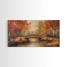 Load image into Gallery viewer, Autumn Bridge Over Quiet River Tall Art Framed Canvas Print Serene Fall Landscape With Colorful Foliage And Peaceful Reflections