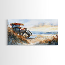 Cargar imagen en el visor de la galería, Christmas vacation decor Framed Canvas Print coastal beach cabin snowy winter landscape holiday decor gallery wall Christmas wall print