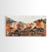 Carregar imagem no visualizador da galeria, Autumn village decor Framed Canvas Print rustic village with fall trees cozy seasonal wall art gift idea moody landscape autumn home decor