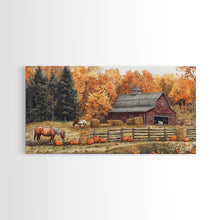 Carregar imagem no visualizador da galeria, Autumn Barn Pumpkin Horses Canvas Print Farmhouse Fall Decor Seasonal Wall Art Framed Canvas Print Rustic Fall Farmhouse Wall Art