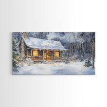 Load image into Gallery viewer, Snowy cabin Christmas decor, winter wonderland wall art, rustic farmhouse Christmas print, cozy country home decor, framed canvas print