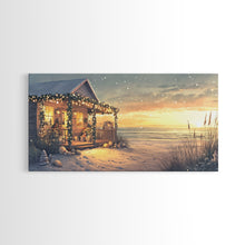 Cargar imagen en el visor de la galería, Christmas beach house decor, coastal holiday home art, seaside Christmas wall art, festive beach house print, framed canvas print