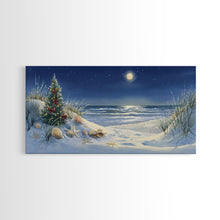 Cargar imagen en el visor de la galería, Christmas Tree on Snowy Beach with Full Moon, Framed Canvas Print, Coastal Christmas Art, Nautical Holiday Decor, Winter Wonderland, Beach