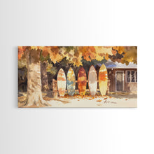 Carregar imagem no visualizador da galeria, Autumn surfboards art, canvas print featuring surfboards with fall leaves, cozy fall home decor, rustic wall art, autumn vacation gift idea