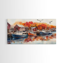 Carregar imagem no visualizador da galeria, Fishing boats in harbor with autumn trees, framed canvas print, fall coastal art, rustic nautical decor, perfect gift idea, autumn wall art