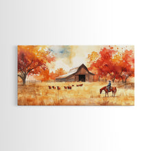 Load image into Gallery viewer, Cowboy on horse in autumn farm scene, framed canvas print, rustic fall decor, farmhouse home decor, cozy autumn landscape art, fall wall art