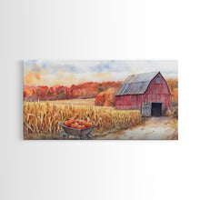 Carregar imagem no visualizador da galeria, Autumn Barn with Pumpkins in Wheelbarrow, Farmhouse Fall Decor, Framed Canvas Print, Seasonal Wall Art, Country Home Decor, Gift Idea