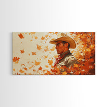Load image into Gallery viewer, Cowboy and Fall Leaves, Framed Canvas Print Seasonal Wall Art Christmas Cowboy Gift Winter Landscape Wall Decor