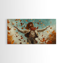 Load image into Gallery viewer, Cowboy Throwing Leaves In The Air, Funny Western Decor, Framed Canvas Print, Mood Lifting Wall Art, Fall Decor