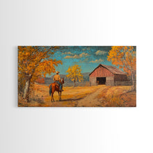 Load image into Gallery viewer, Cowboy Horse Autumn River Framed Canvas Print Perfect Above Sofa Fall Cowboy Art Moody Landscape Fall Western Wall Art