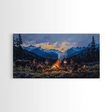 Carregar imagem no visualizador da galeria, Framed Canvas Print Western Cowboys Campfire Evening Art Landscape Rustic Winter Mountain Home Decor Extra Large Wall Art Gift