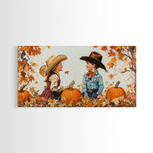 Load image into Gallery viewer, Cute Cowboy and Cowgirl In a Pumpkin Patch, Framed Canvas Print, 1950s Style Wall Art, Nursery Decor