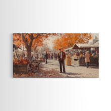 Load image into Gallery viewer, Cowboy in green jacket, snow-capped mountains trees, Framed Canvas Print, tall western Christmas wall art, winter decor, colorful landscape