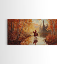 Load image into Gallery viewer, Black white cowboy riding toward snow-covered mountains, Framed Canvas Print, minimalist winter wall art, moody landscape, western decor