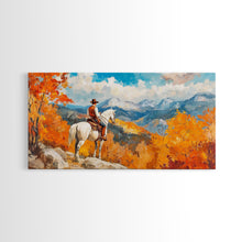 Load image into Gallery viewer, Cowboy on autumn swing, Framed Canvas Print, rustic Western art with vibrant fall, tall framed canvas print autumn decor farmhouse wall art