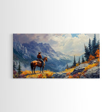 Load image into Gallery viewer, Close-up of Western cowgirl in fall foliage, Framed Canvas Print, modern tall art farmhouse gallery wall, rustic cowboy aesthetic wall print