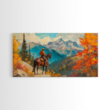 Carregar imagem no visualizador da galeria, Female cowboy in fall forest, Framed Canvas Print, tall striking artwork rustic or modern farmhouse seasonal wall art