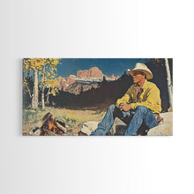 Load image into Gallery viewer, Bold monochromatic Framed Canvas Print showcasing a woman in a cowboy hat with horses in a snowy mountain landscape, rustic winter wall art
