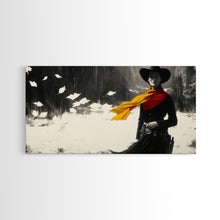Load image into Gallery viewer, Bold Framed Canvas Print of a Cowgirl Riding Through Snow, Western Horse Art, Dynamic Winter Wall Decor and Christmas Holiday Gift Idea