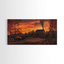 Carregar imagem no visualizador da galeria, Autumn Sunset With Pumpkins And Horse Wagon, Cozy Fall Landscape Wall Art, Rustic Country Framed Canvas Print, Warm Autumn Home Decor