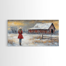 Load image into Gallery viewer, Barn Painting Framed Canvas Print, Cowgirl and her Barn, Rustic Farmhouse Decor, Winter Painting, Winter Wonderland, Farmhouse Wall Art