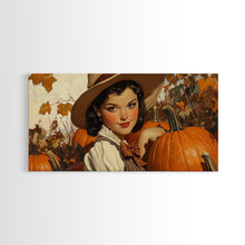 Load image into Gallery viewer, Cowgirl In A Pumpkin Patch, Framed Canvas Print, Retro Style Fall or Thanksgiving Wall Art, Farmhouse Decor, Christmas Wall Decor Gift