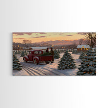 Cargar imagen en el visor de la galería, Christmas Tree Farm Framed Canvas Print, Red Truck Winter Scene, Farmhouse Christmas Decor, Christmas Vacation Decor, Holiday Art Gift