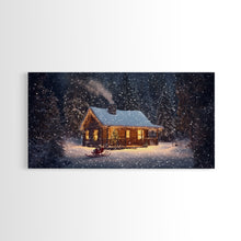 Load image into Gallery viewer, Cozy Cabin in Snow Framed Canvas Print, Winter Wonderland Scene Art, Rustic Christmas Decor, Holiday Wall Art, Seasonal Gift Idea