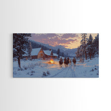 Load image into Gallery viewer, Cowboys and Log Cabin Winter Christmas Framed Canvas Print, Rustic Mountain Holiday Scene Art, Best Christmas Gift Idea, Winter Decor