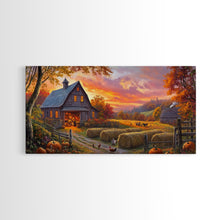 Load image into Gallery viewer, Cozy Barn at Sunset Framed Canvas Print, Fall Harvest Wall Art, Country Farmhouse Autumn Decor, Seasonal Gift Idea Best Fall Wall Art
