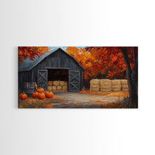 Cargar imagen en el visor de la galería, Fall Barnyard with Pumpkins Framed Canvas Print Farmhouse Decor, Fall Art Print, Rustic Home Decor, Seasonal Gift Wall Art